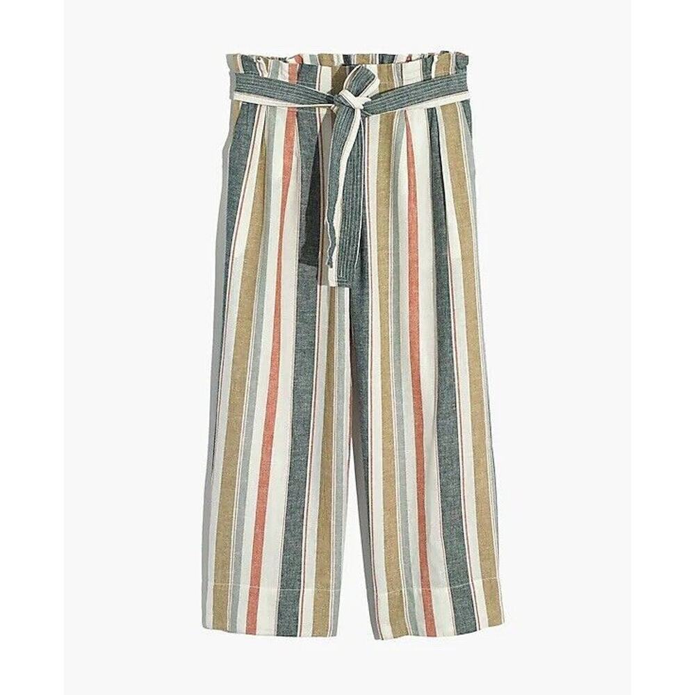 Madewell Linen Blend Pants Womens Size S Cropped Elastic Waist Wide Leg Striped